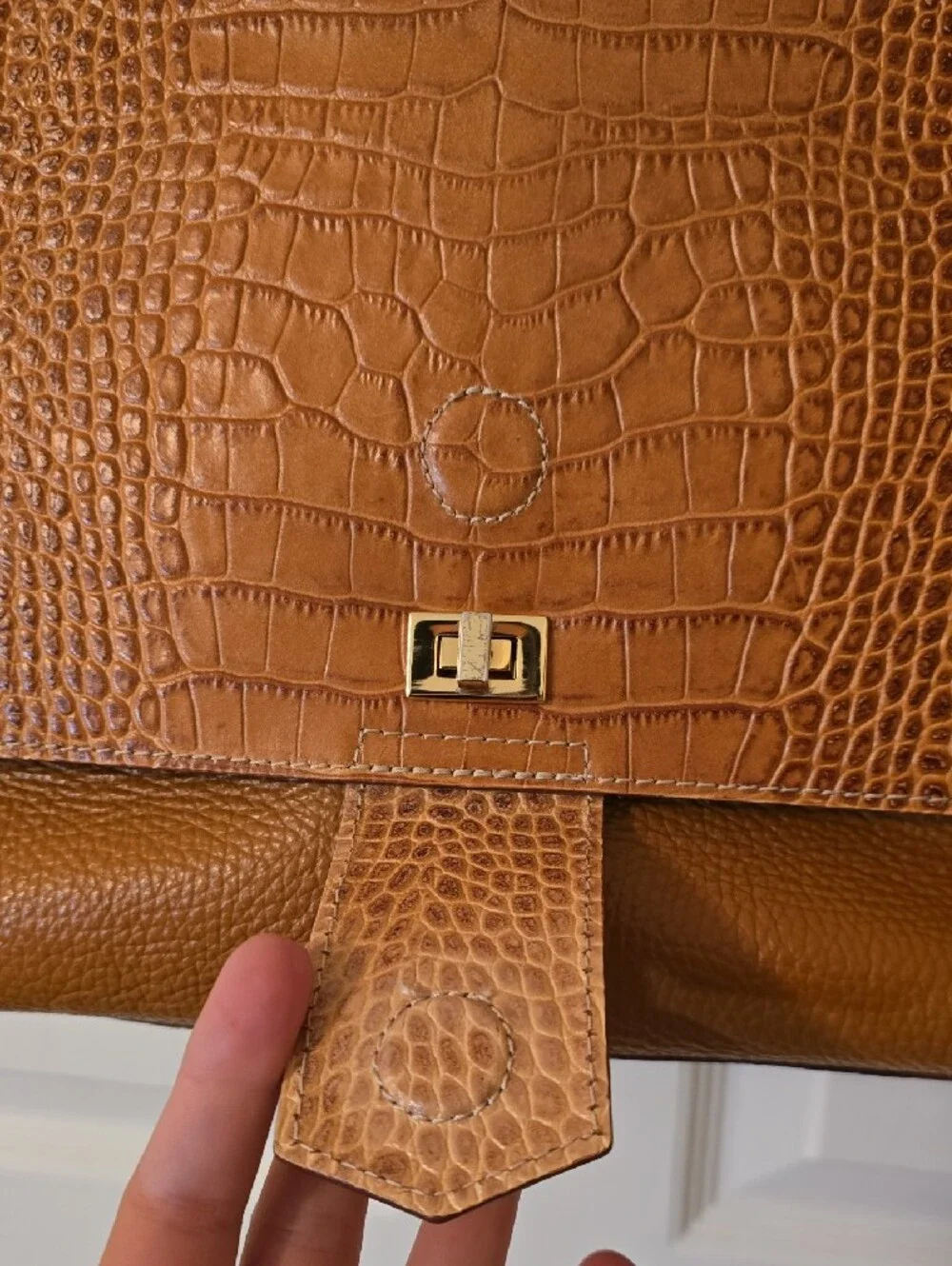 IACUCCI Italy Croc-Embossed & Pebbled Leather Flap Satchel Bag – Honey/Tan
